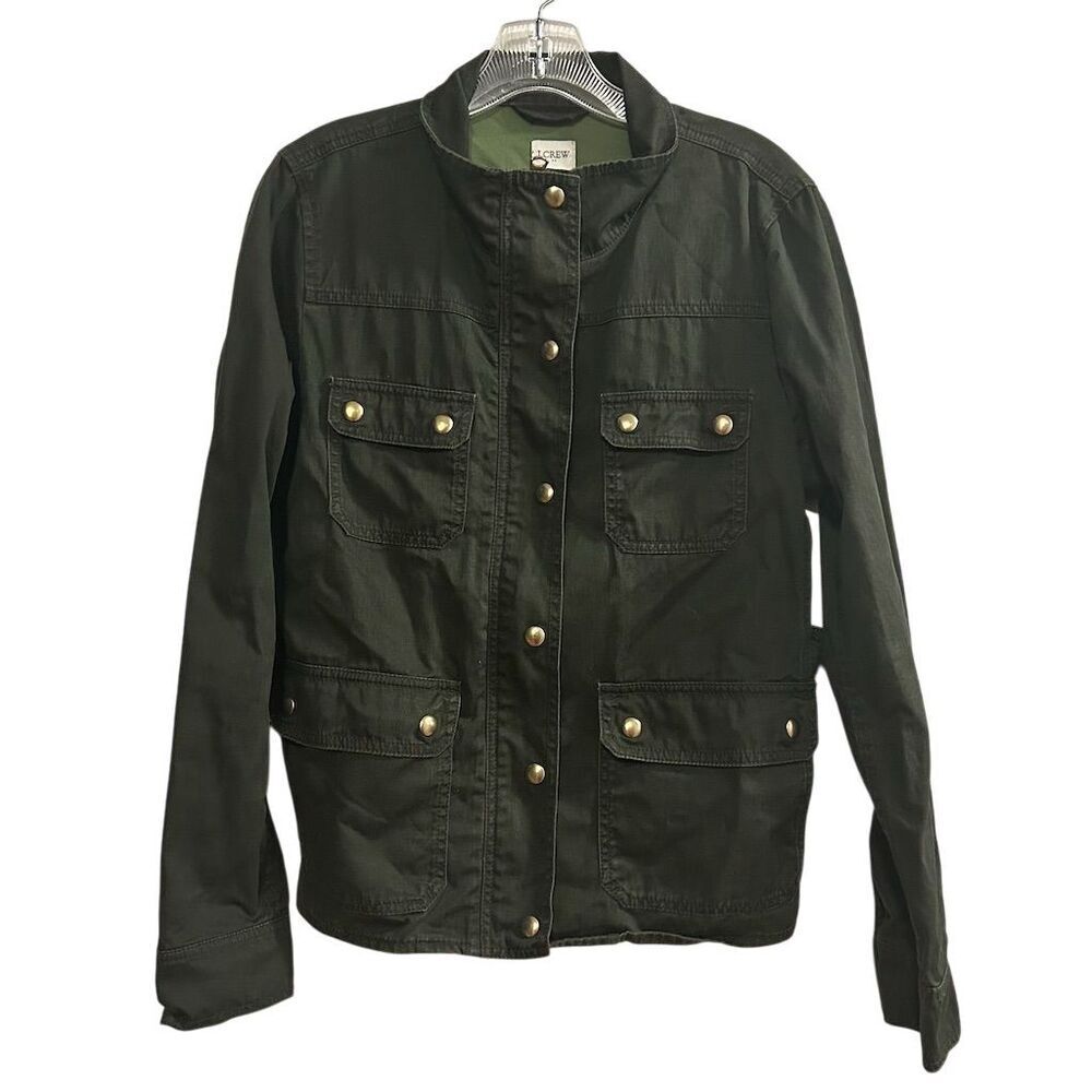 J. Crew Women's Green Twill Jacket M Resin-Coated Casual Long Sleeve
